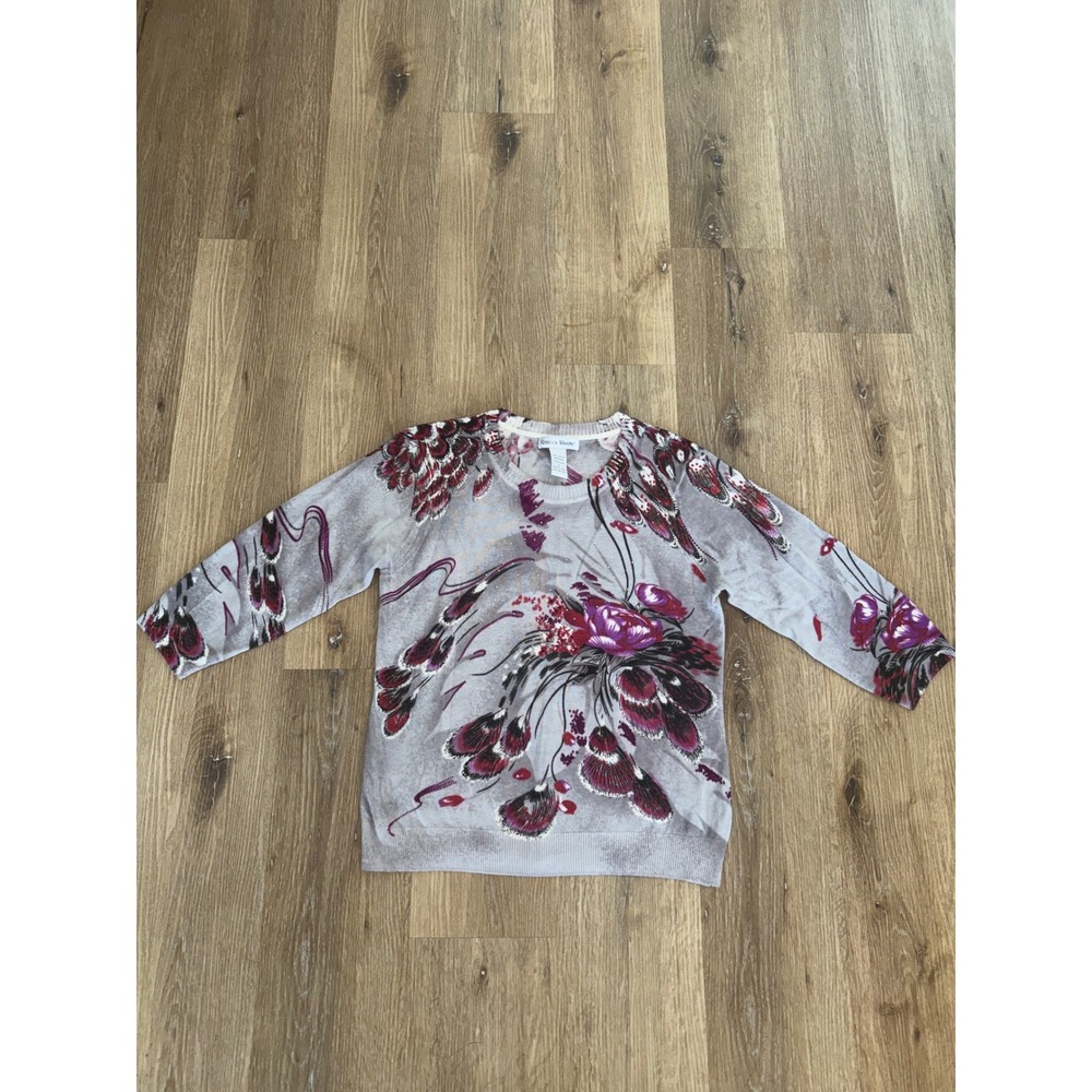 Rebecca Malone Sweater Women L Grey Purple Floral Rhinestone 3/4 Sleeve Shimmer